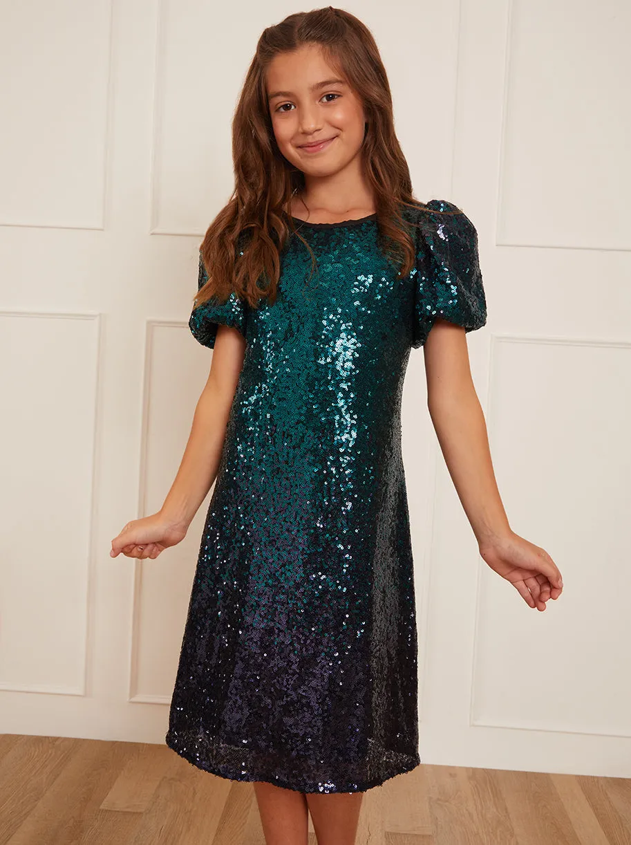 Older Girls Puff Sleeve Sequin Midi Dress in Green sold by Chi Chi London