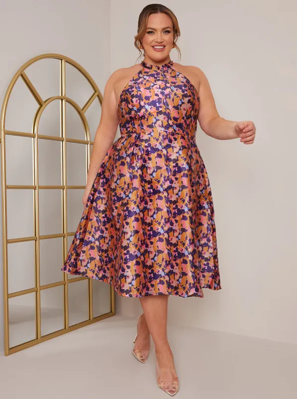 Plus Size Halter Neck Abstract Print Midi Dress in Blue sold by Chi Chi London