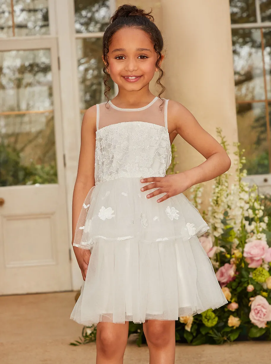 Girls Floral Lace Tiered Midi Dress in White sold by Chi Chi London