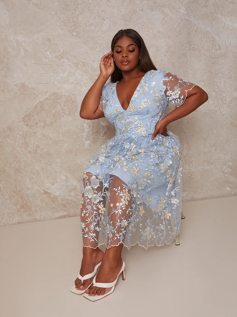 Plus Size Plunge Neck Embroidered Lace Midi Dress in Blue sold by Chi Chi London product image thumbnail 4