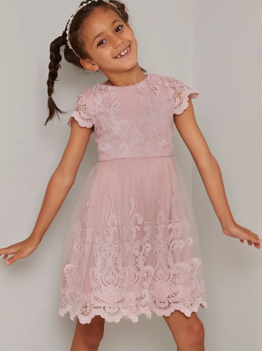 Girls Lace Scalloped Party Dress in Pink sold by Chi Chi London