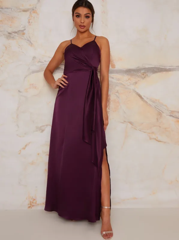 Satin Finish Drape Maxi Dress in Purple sold by Chi Chi London