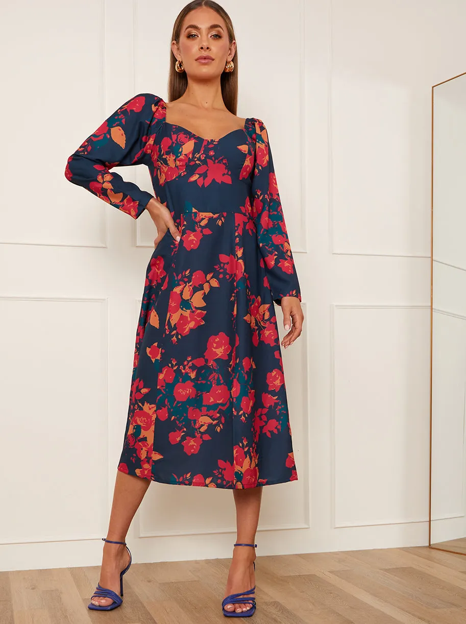 Long Sleeve Floral Midi Dress in Navy sold by Chi Chi London product image thumbnail 2