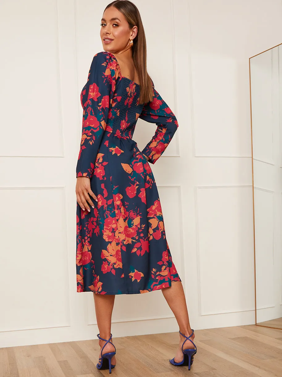 Long Sleeve Floral Midi Dress in Navy sold by Chi Chi London product image thumbnail 4