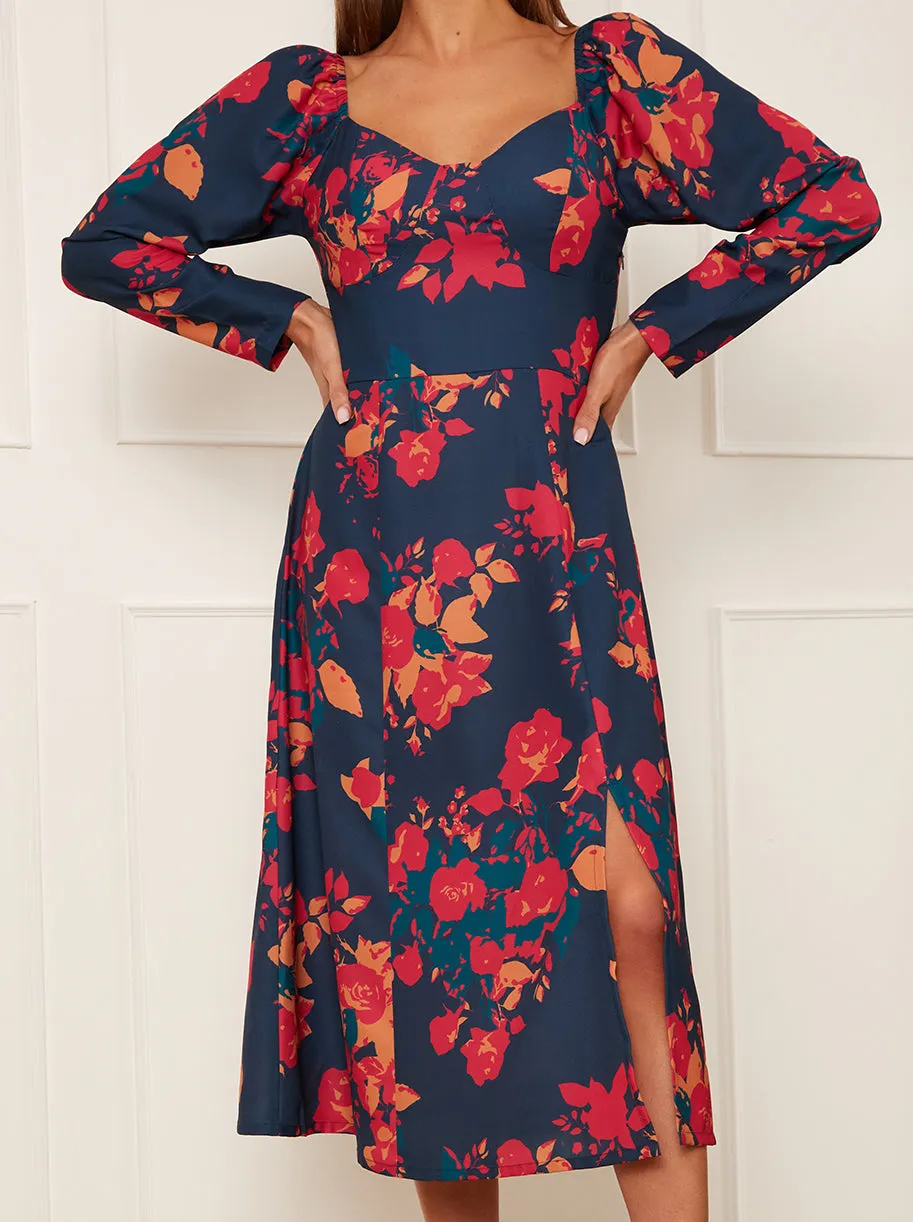 Long Sleeve Floral Midi Dress in Navy sold by Chi Chi London product image thumbnail 5