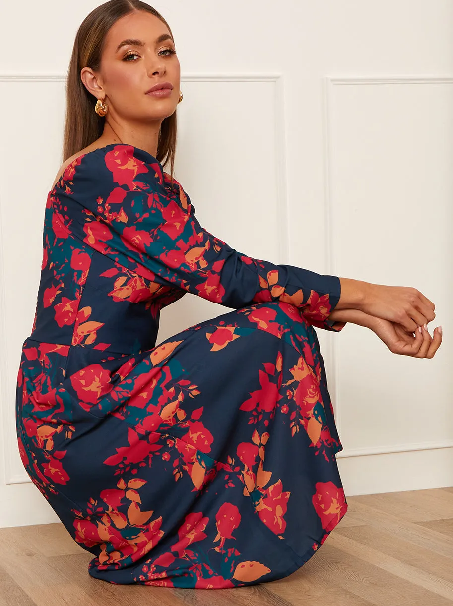 Long Sleeve Floral Midi Dress in Navy sold by Chi Chi London product image thumbnail 3