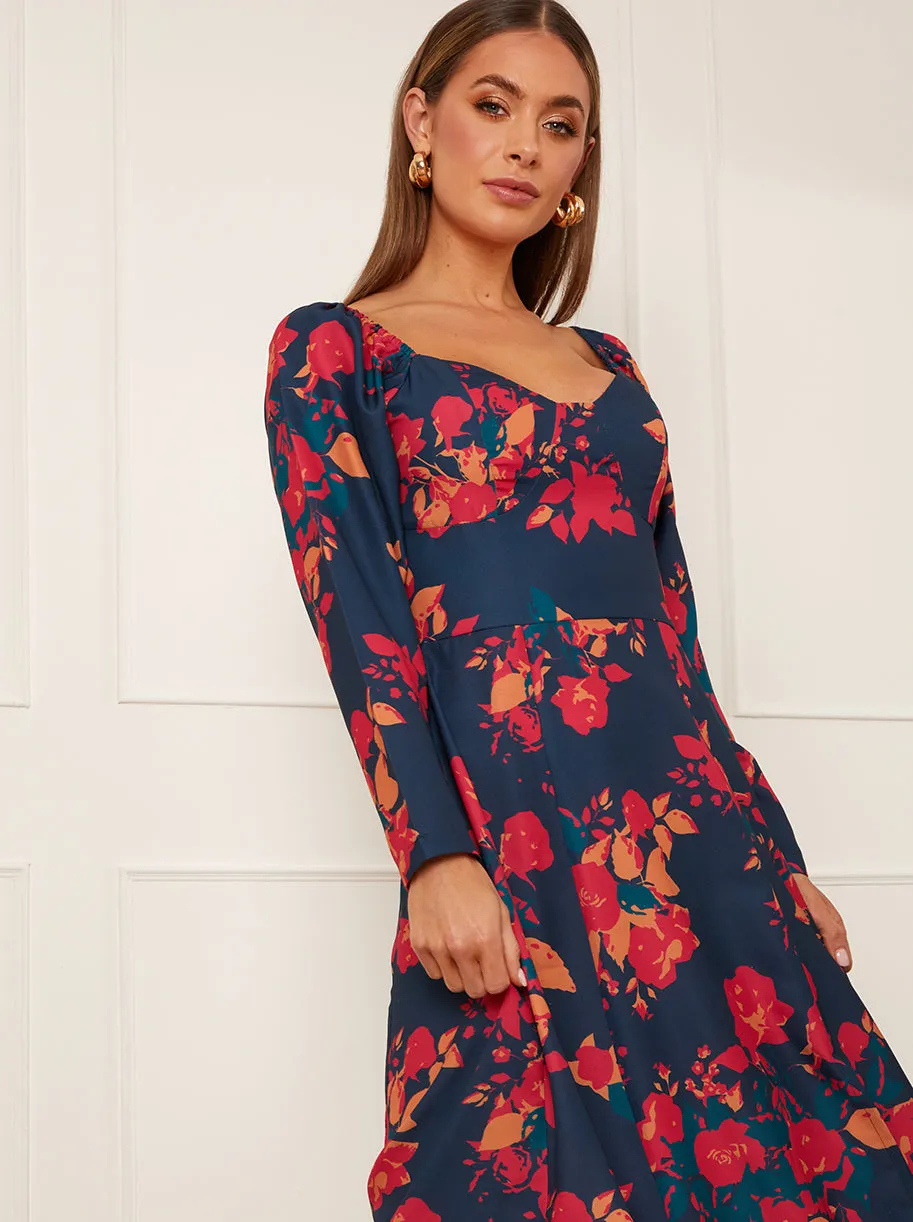 Long Sleeve Floral Midi Dress in Navy sold by Chi Chi London