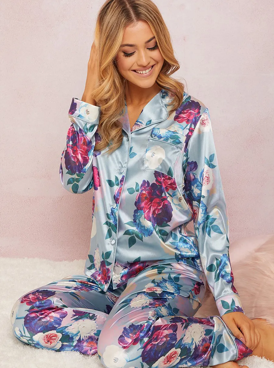Floral Pyjama Set in Blue sold by Chi Chi London