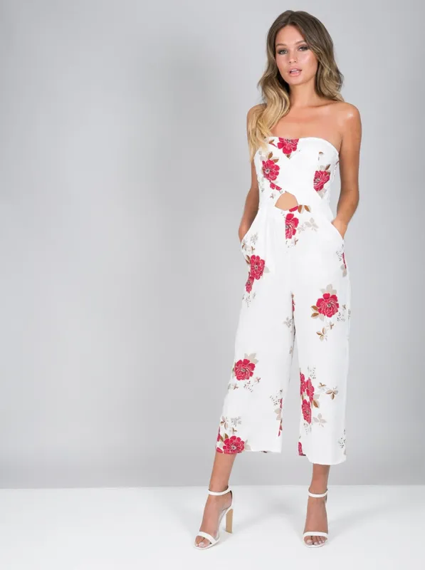 Bardot Floral Print Cut Out Jumpsuit in White sold by Chi Chi London