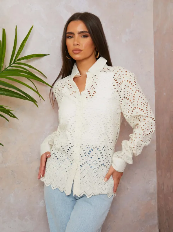 Cutwork Detail Shirt In White sold by Chi Chi London