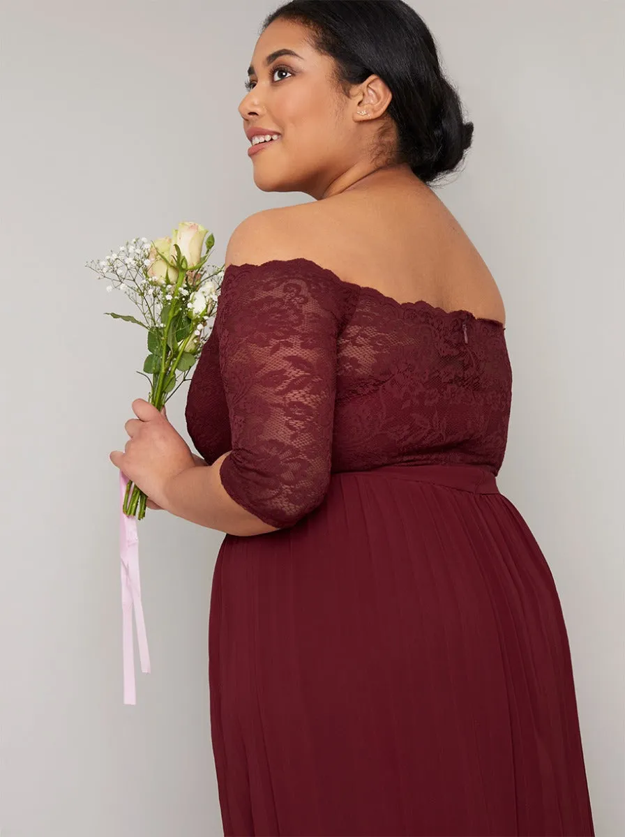 Plus Size Lace Bardot Pleat Maxi Dress in Red sold by Chi Chi London product image thumbnail 4