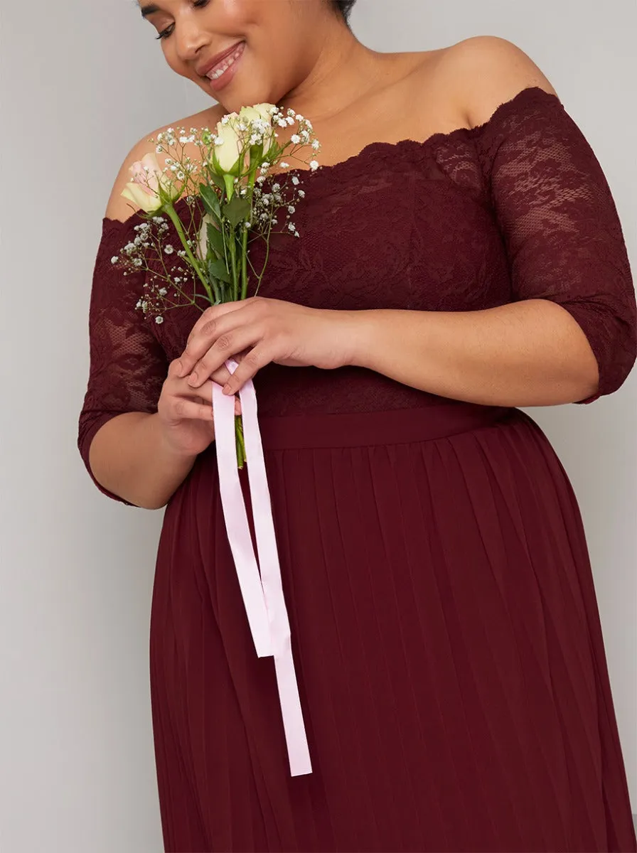 Plus Size Lace Bardot Pleat Maxi Dress in Red sold by Chi Chi London product image thumbnail 2