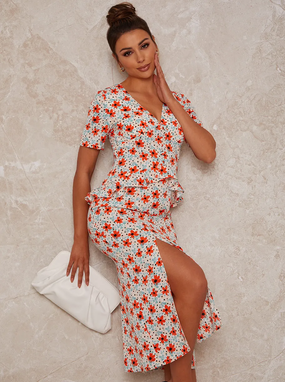 Short Sleeve Floral Print Midi Day Dress in Red sold by Chi Chi London