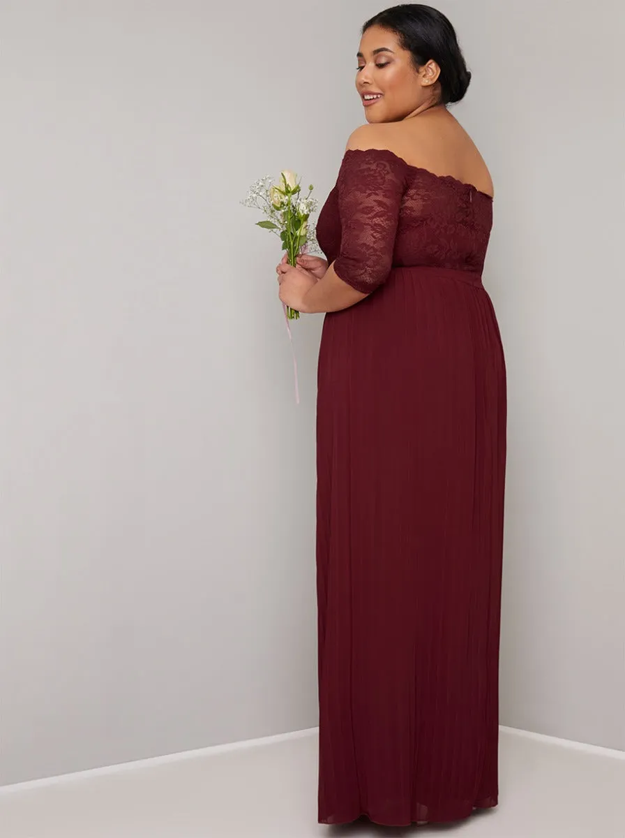 Plus Size Lace Bardot Pleat Maxi Dress in Red sold by Chi Chi London
