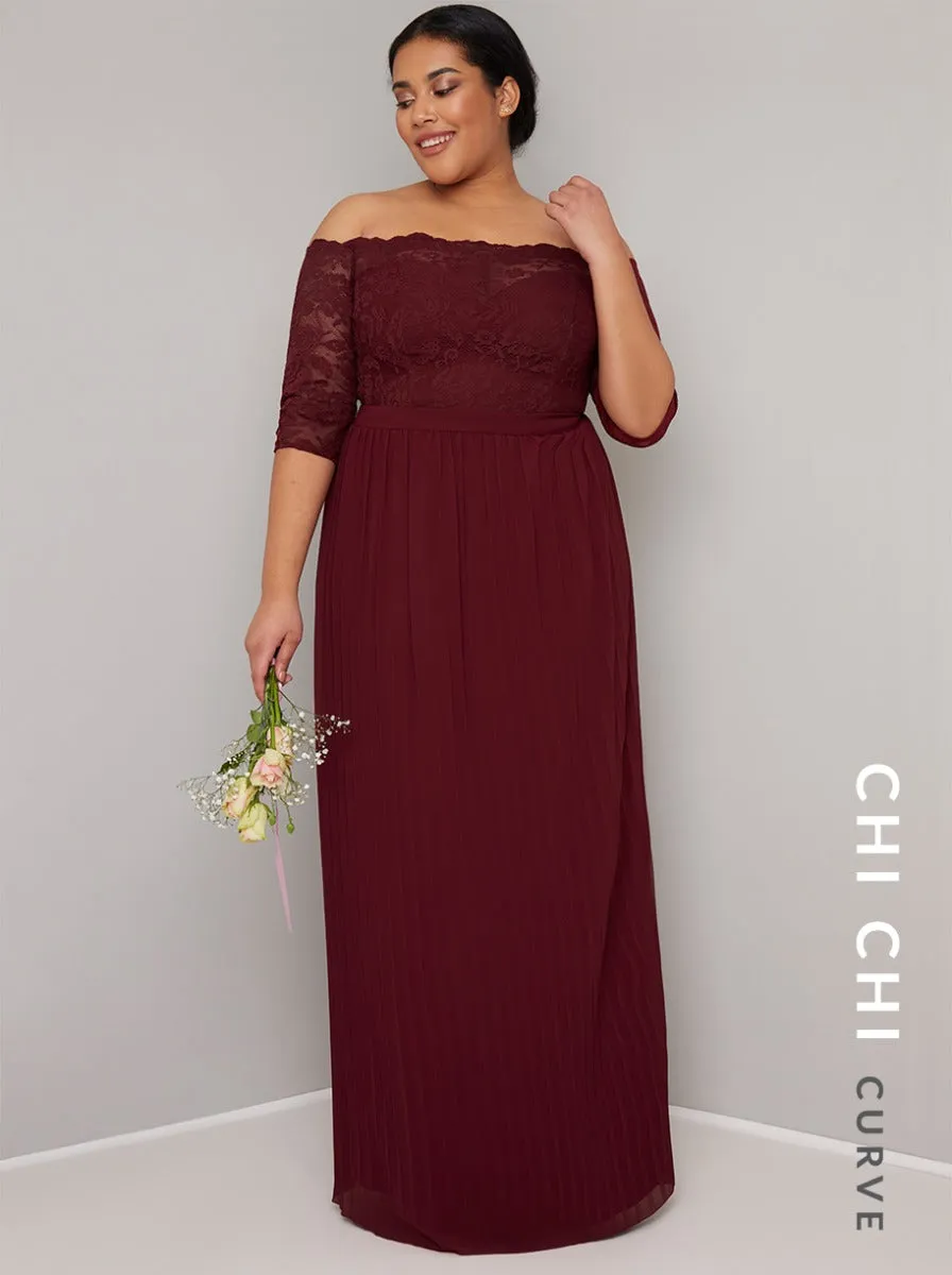 Plus Size Lace Bardot Pleat Maxi Dress in Red sold by Chi Chi London product image thumbnail 3