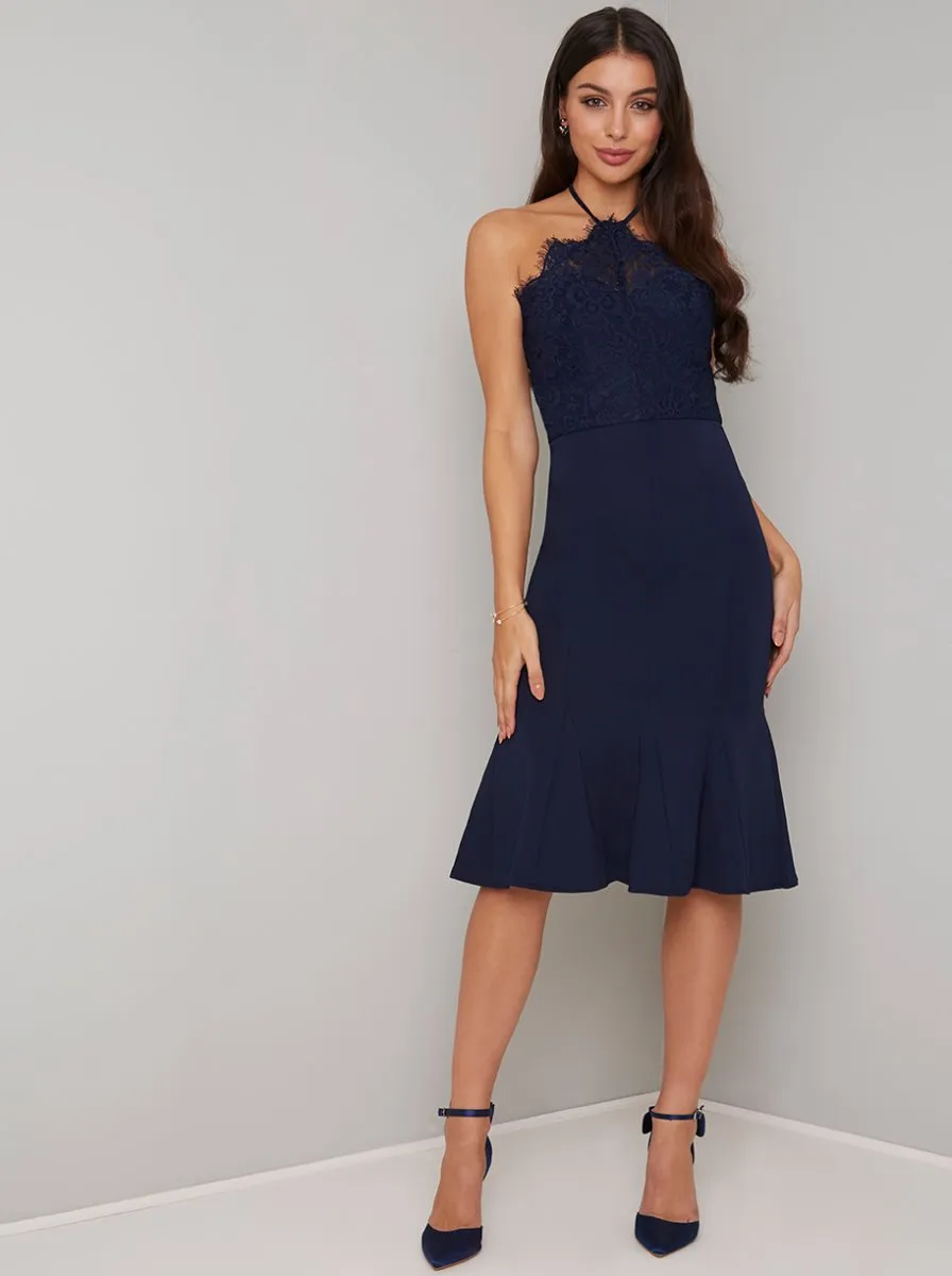 Halterneck Lace Detail Frill Hem Midi Dress in Blue sold by Chi Chi London