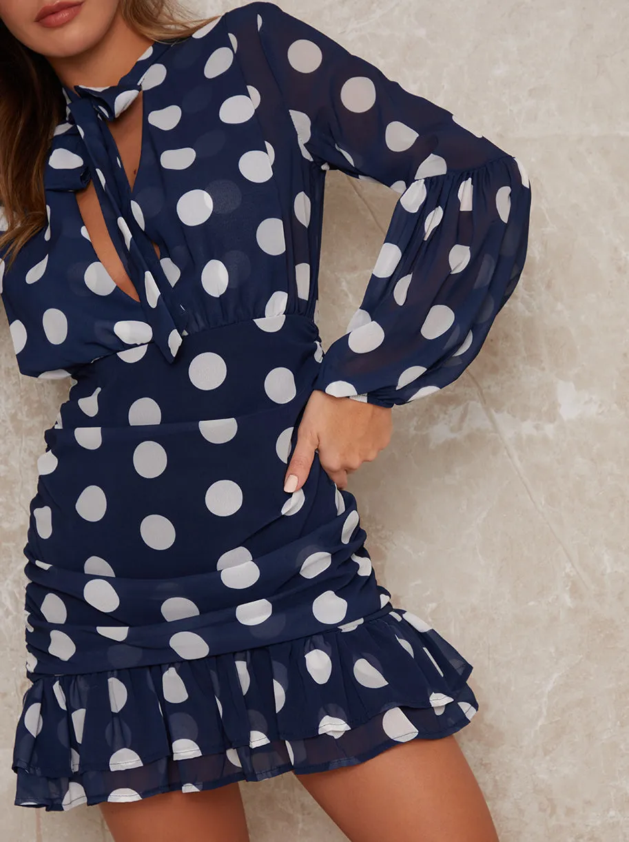 Long sleeved ruffle spot mini dress in blue sold by Chi Chi London product image thumbnail 3