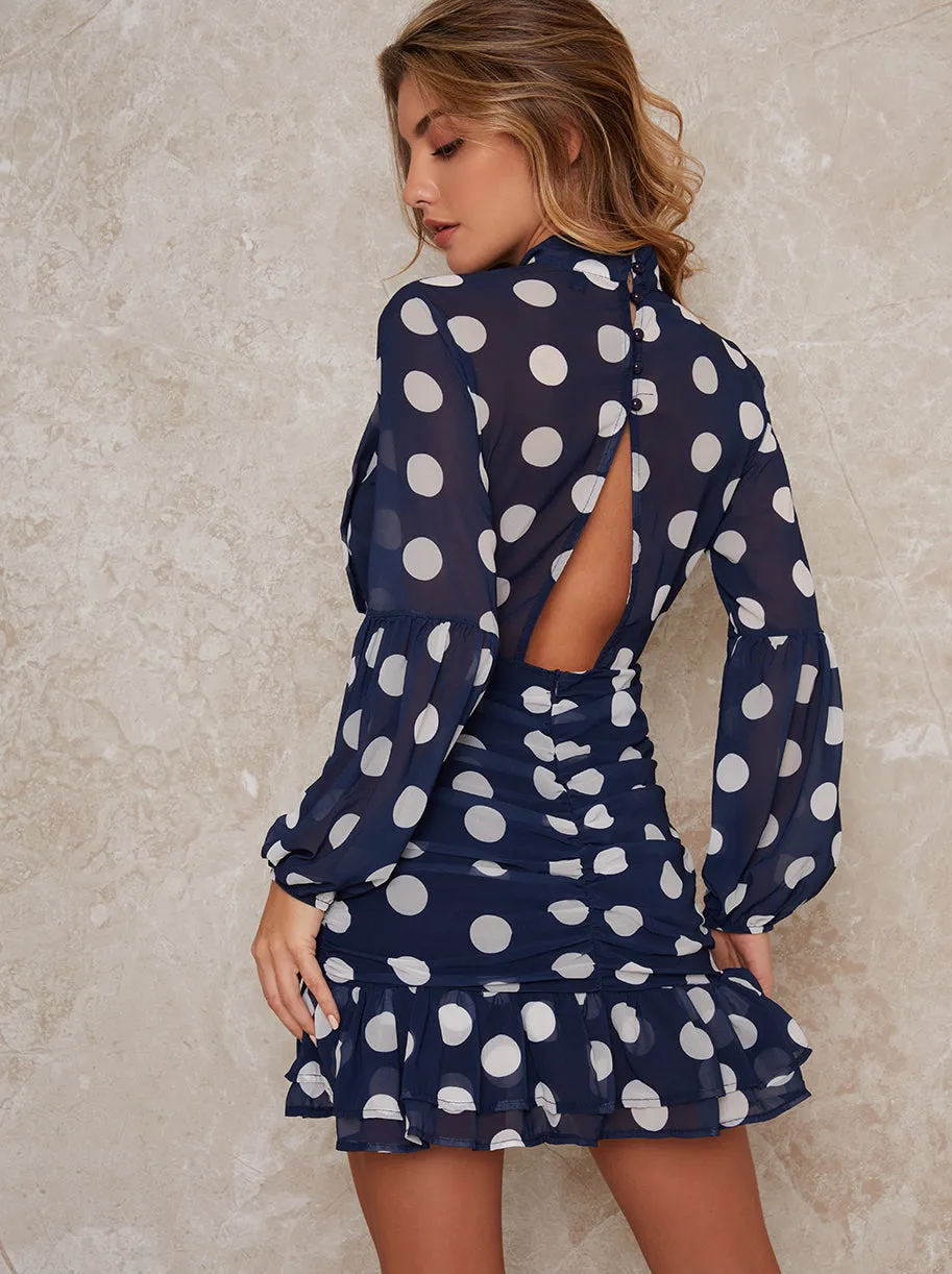 Long sleeved ruffle spot mini dress in blue sold by Chi Chi London product image thumbnail 4