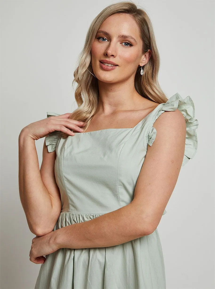 Ruffle Sleeve Cotton Poplin Midi Dress in Green sold by Chi Chi London product image thumbnail 4