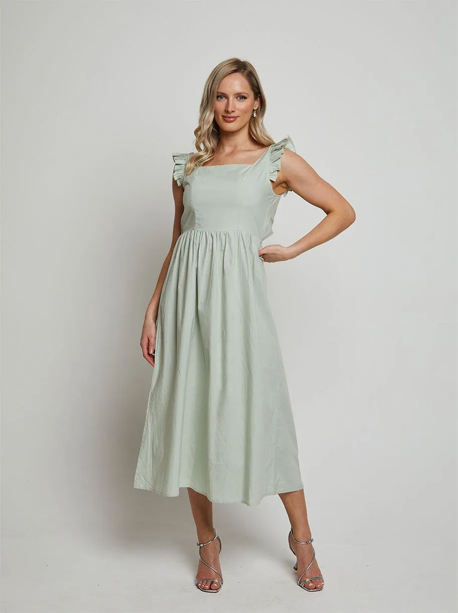 Ruffle Sleeve Cotton Poplin Midi Dress in Green sold by Chi Chi London product image thumbnail 3