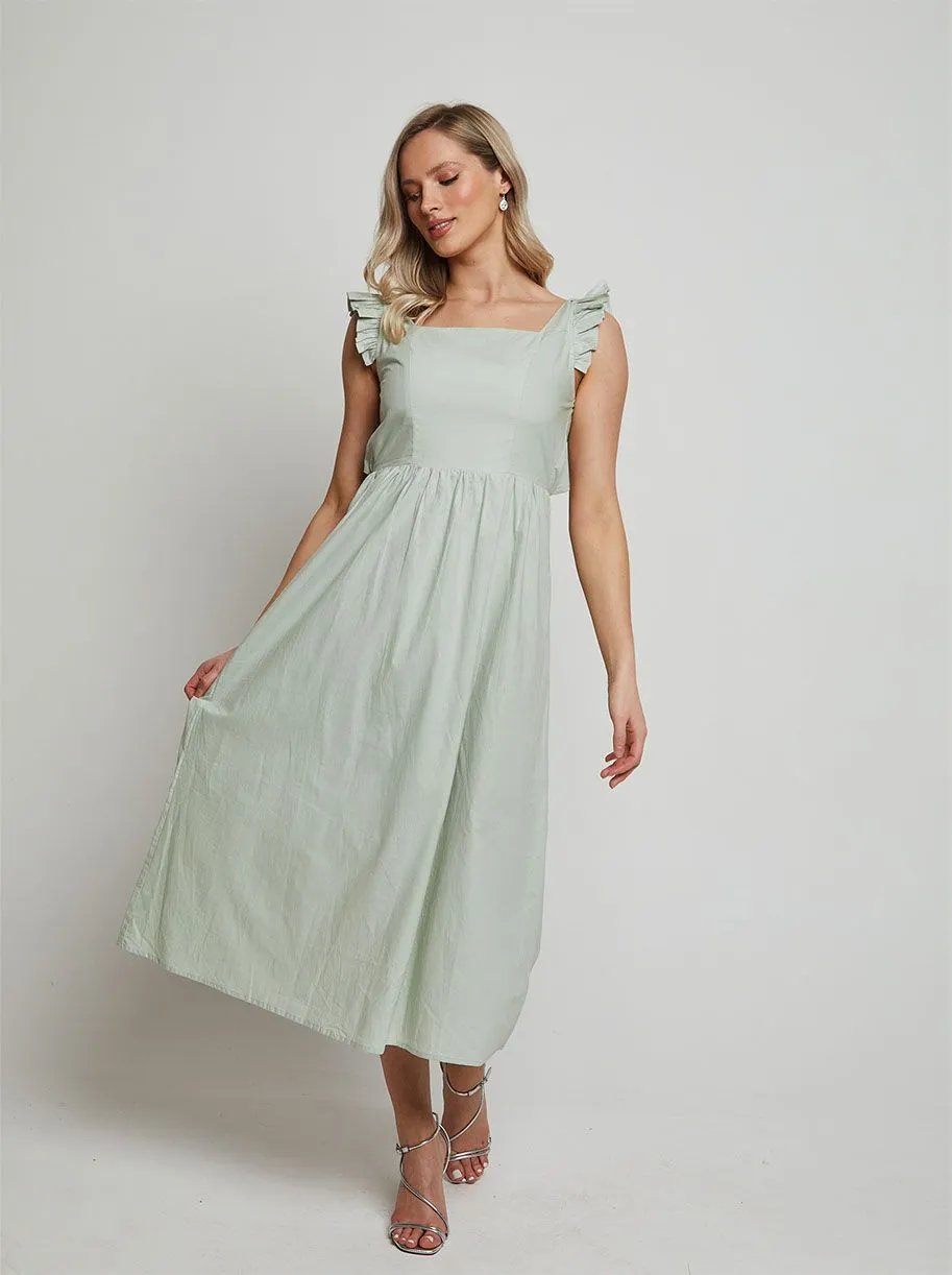 Ruffle Sleeve Cotton Poplin Midi Dress in Green sold by Chi Chi London