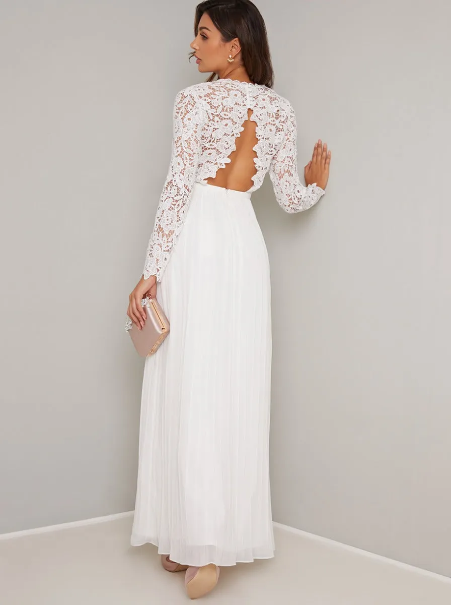 Long Sleeved Lace Detail Pleat Maxi Dress in White sold by Chi Chi London product image thumbnail 2