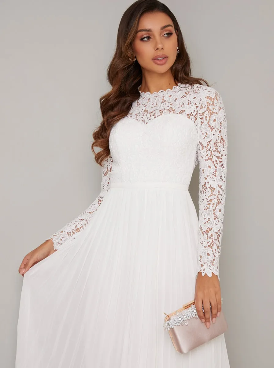 Long Sleeved Lace Detail Pleat Maxi Dress in White sold by Chi Chi London product image thumbnail 3