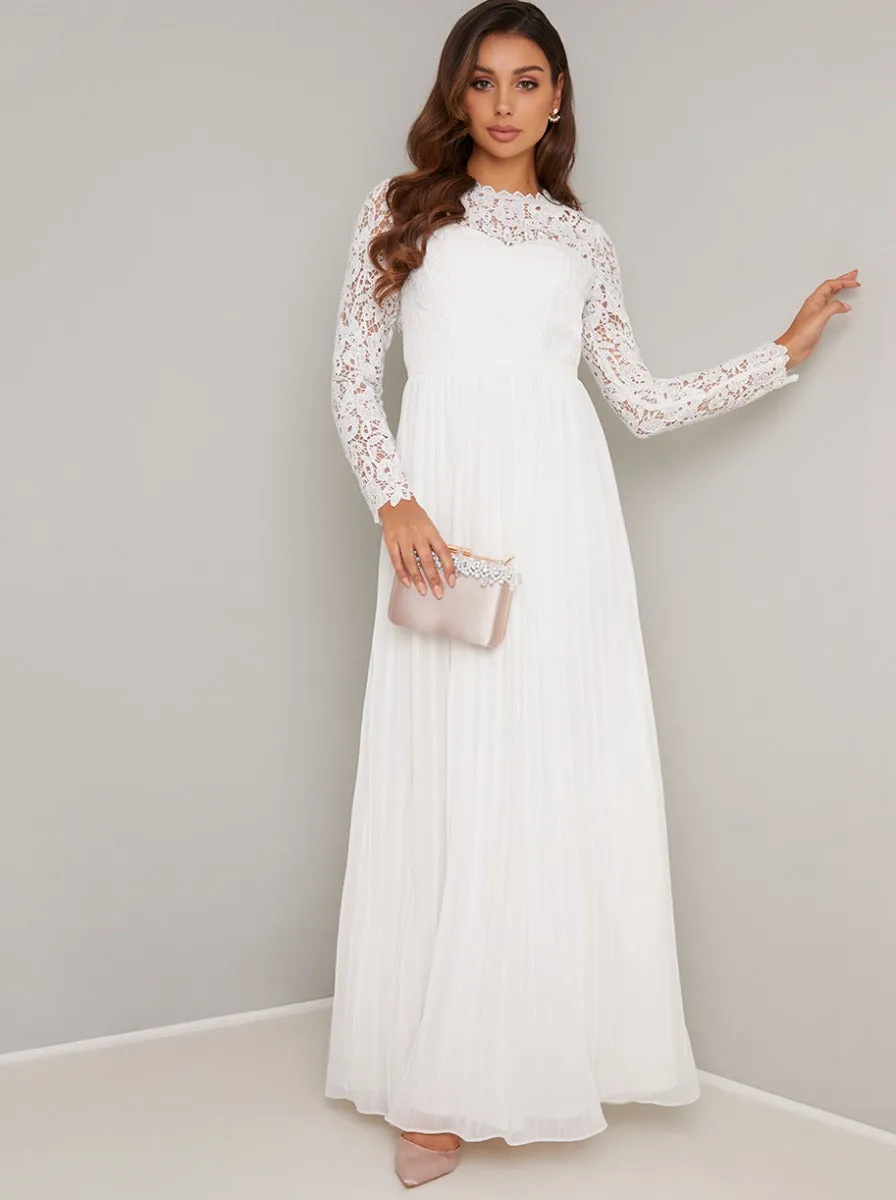 Long Sleeved Lace Detail Pleat Maxi Dress in White sold by Chi Chi London