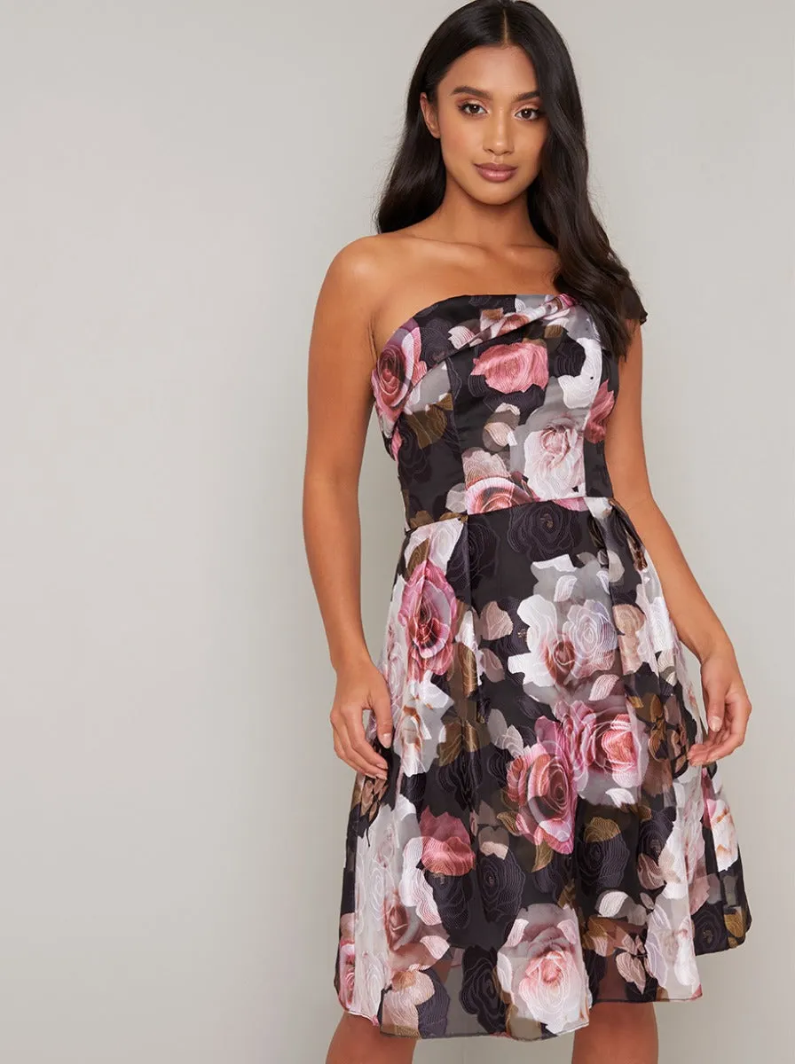 Petite Floral Print Strapless Midi Dress in Black sold by Chi Chi London