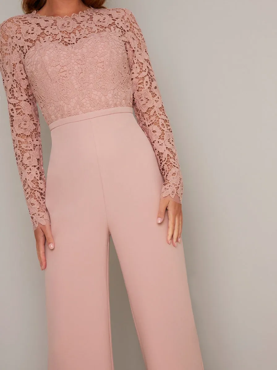 Long Sleeved Lace Bodice Flare Jumpsuit in Pink sold by Chi Chi London product image thumbnail 3