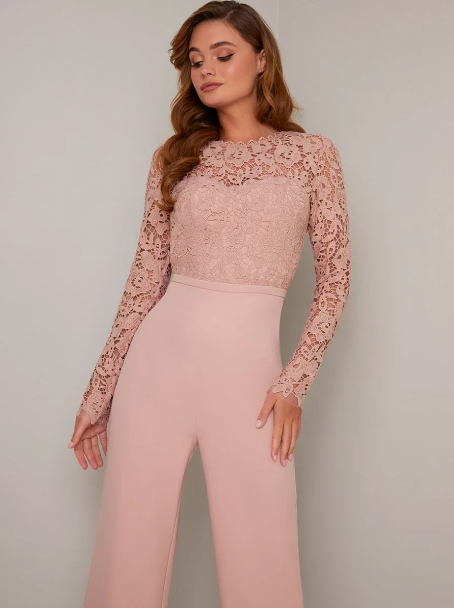 Long Sleeved Lace Bodice Flare Jumpsuit in Pink sold by Chi Chi London product image thumbnail 4