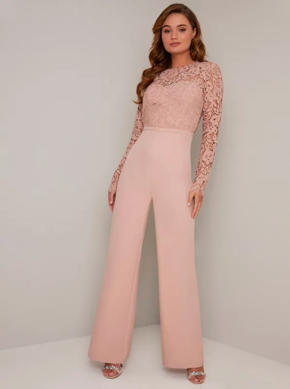 Long Sleeved Lace Bodice Flare Jumpsuit in Pink sold by Chi Chi London