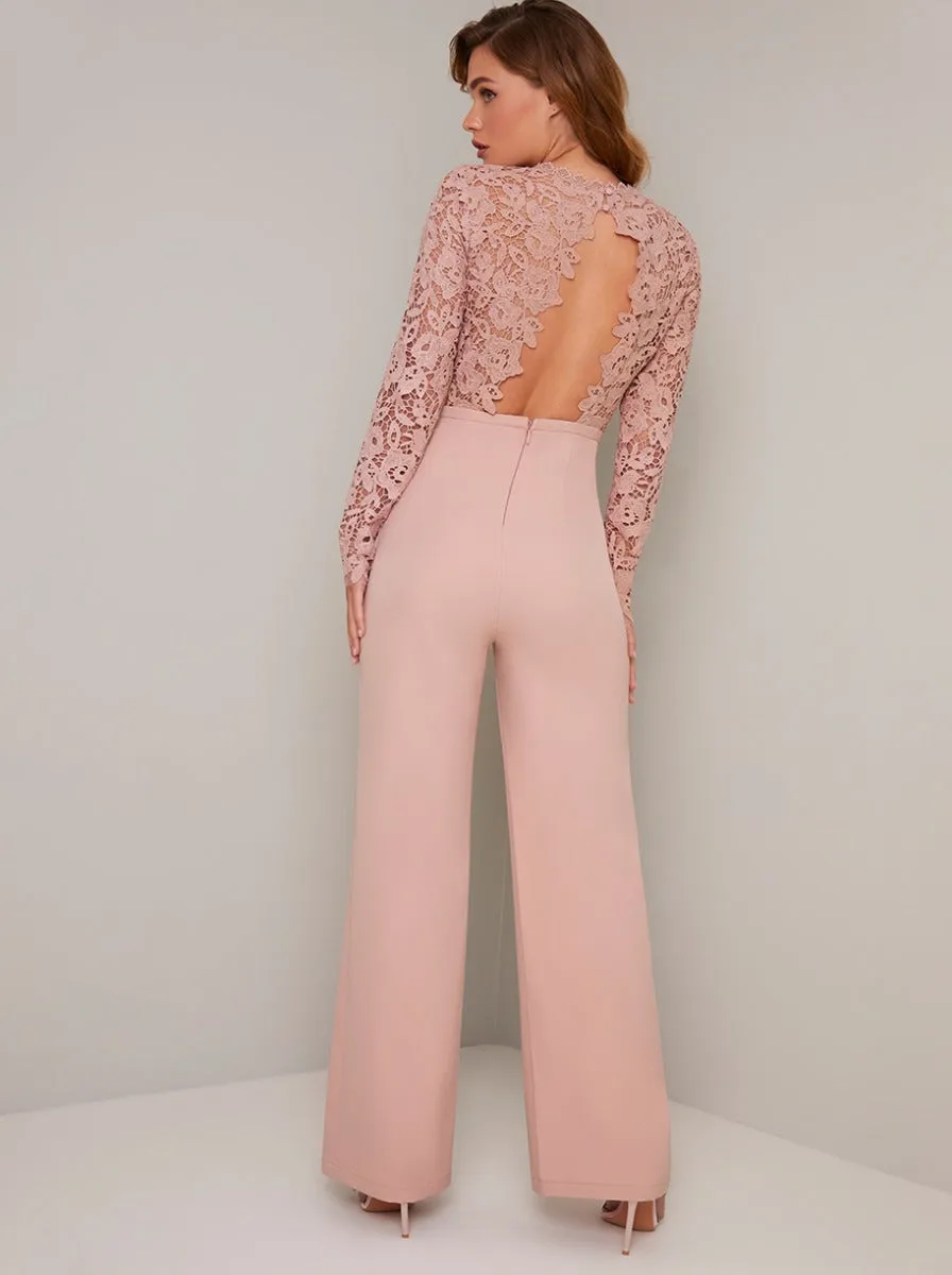 Long Sleeved Lace Bodice Flare Jumpsuit in Pink sold by Chi Chi London product image thumbnail 2