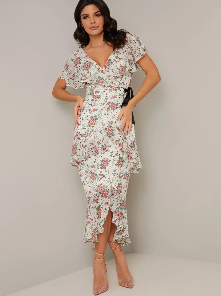 Wrap Day Dress with Floral Print Design in Cream sold by Chi Chi London product image thumbnail 5