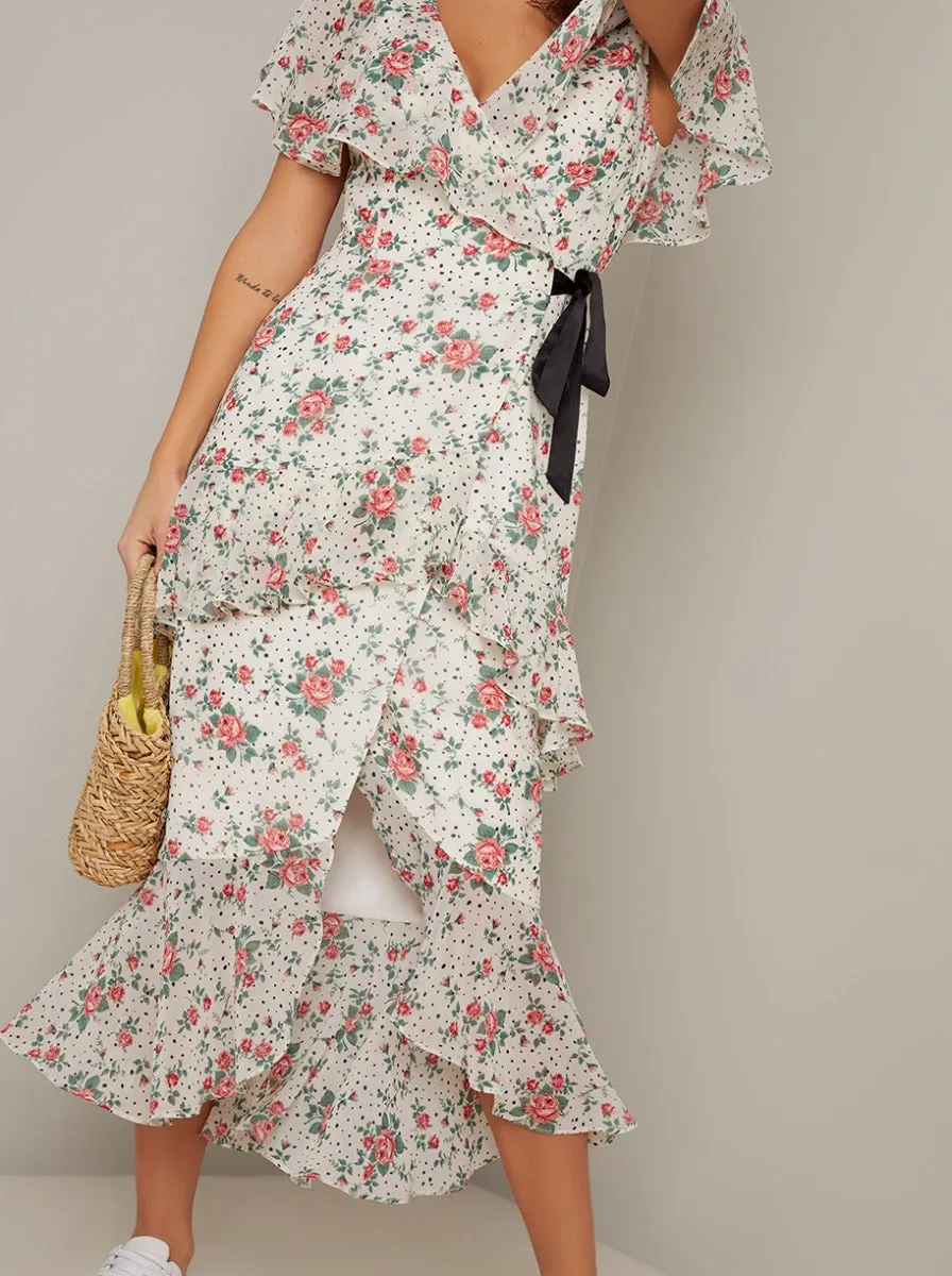 Wrap Day Dress with Floral Print Design in Cream sold by Chi Chi London product image thumbnail 2