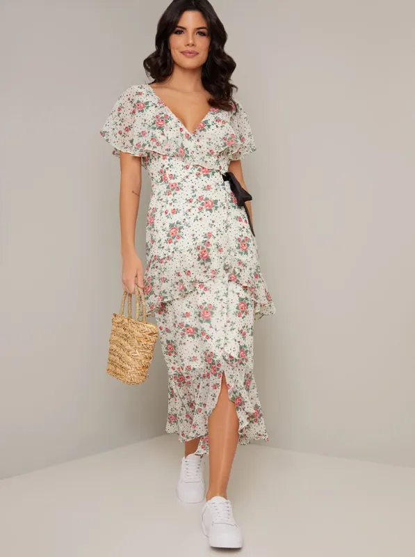 Wrap Day Dress with Floral Print Design in Cream made by Chi Chi London