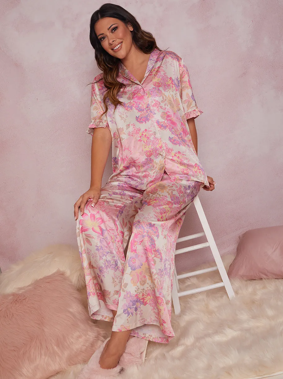 Plus Size Floral Print Ruffle Detail Pyjama Set in Pink sold by Chi Chi London product image thumbnail 2