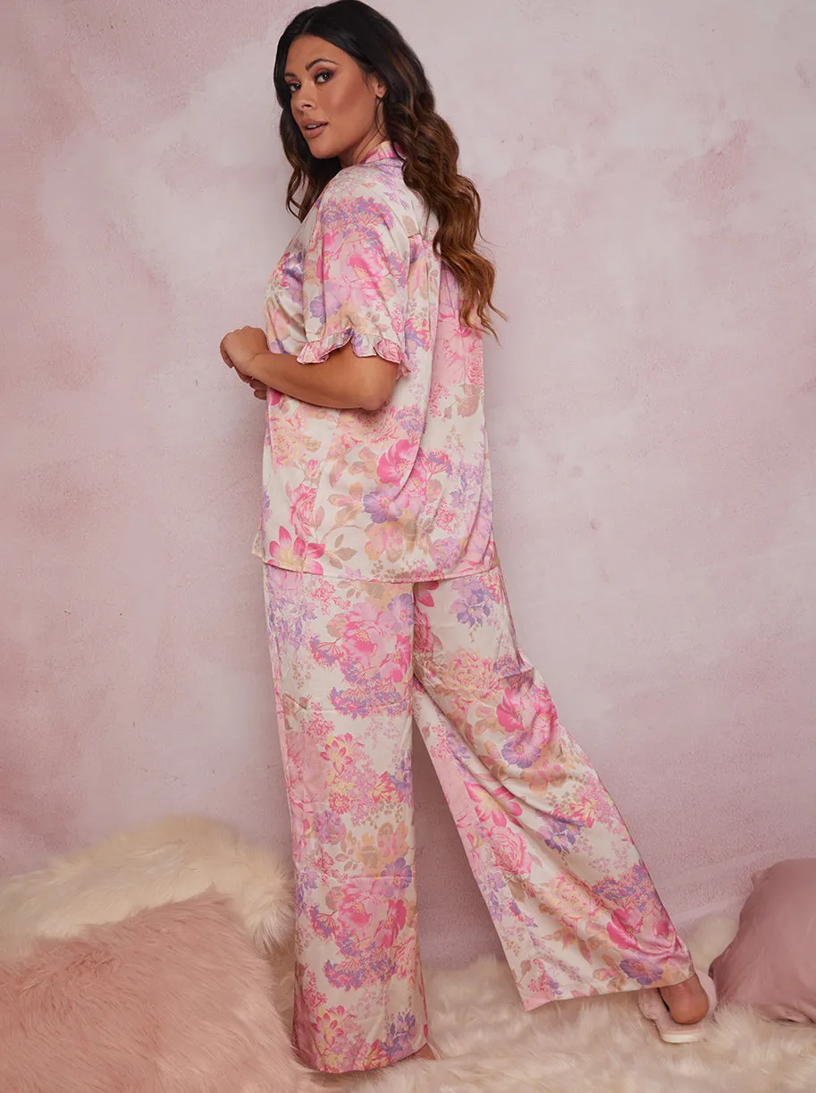 Plus Size Floral Print Ruffle Detail Pyjama Set in Pink sold by Chi Chi London product image thumbnail 3