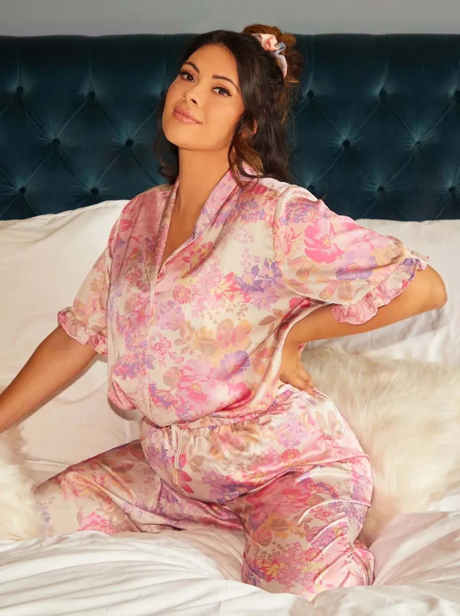 Plus Size Floral Print Ruffle Detail Pyjama Set in Pink sold by Chi Chi London product image thumbnail 5