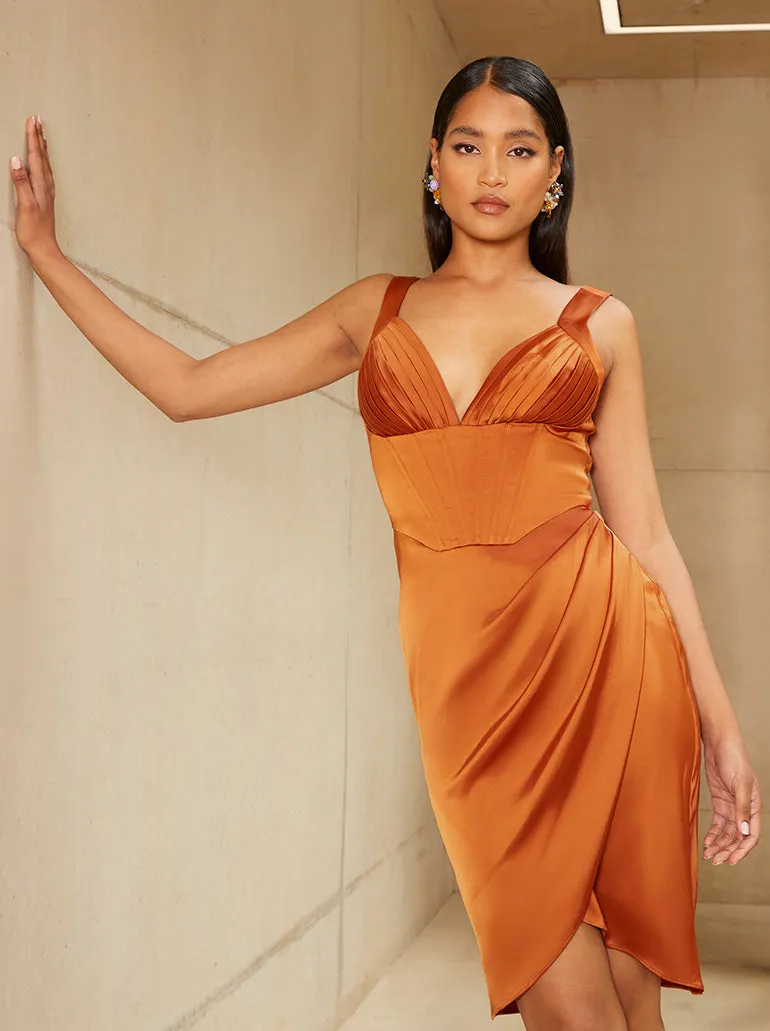 Corset Style Bodycon Satin Midi Dress in Rust sold by Chi Chi London product image thumbnail 5