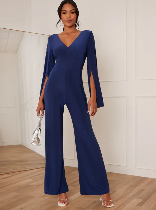 V Neck Split Sleeve Jumpsuit in Blue sold by Chi Chi London