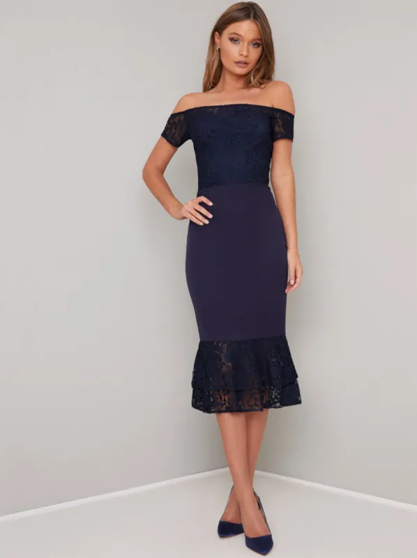 Lace Detail Bardot Bodycon Midi Dress In Blue sold by Chi Chi London