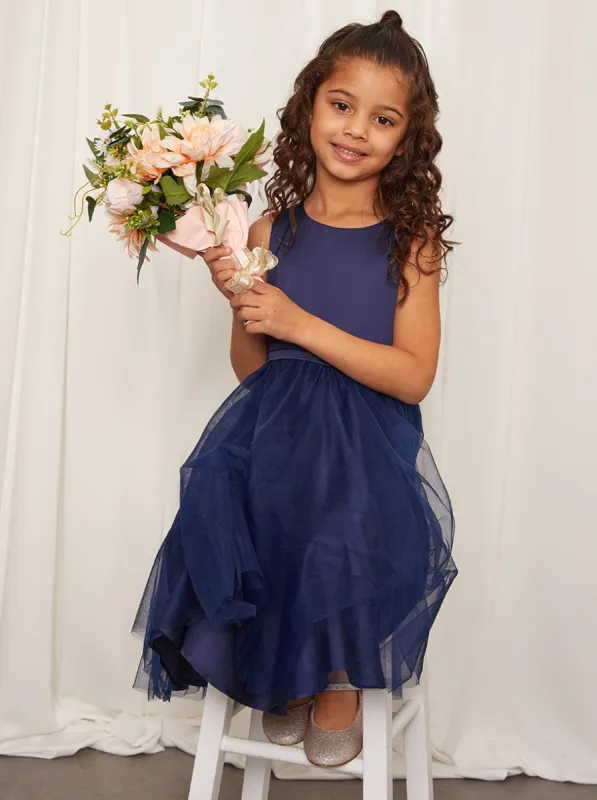 Younger Girls Sleeveless Tulle Midi Dress in Navy sold by Chi Chi London