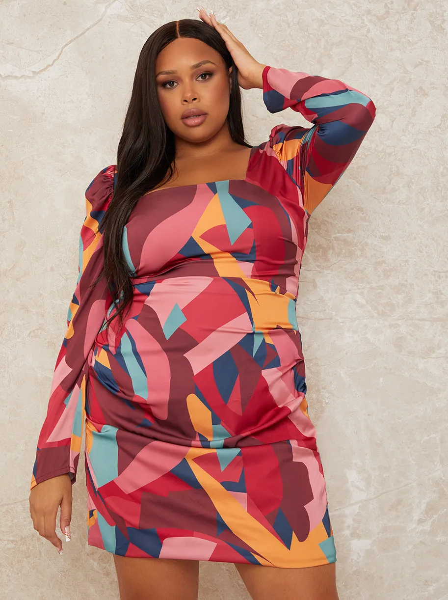 Plus Size Long Sleeve Graphic Print Mini Dress in Multi sold by Chi Chi London