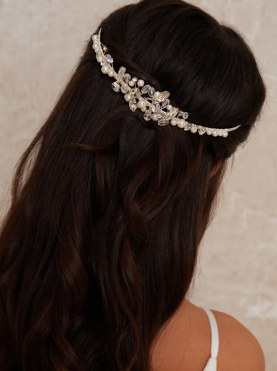 Floral Pearl & Beaded Hair Piece in Silver sold by Chi Chi London
