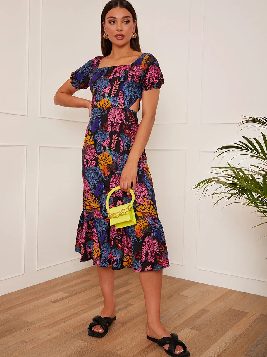 Square Neck Tropical Leopard Print Midi Dress in Black sold by Chi Chi London product image thumbnail 5