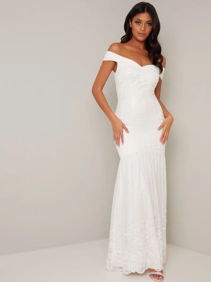 Beaded Embellished Lace Wedding Dress in White sold by Chi Chi London