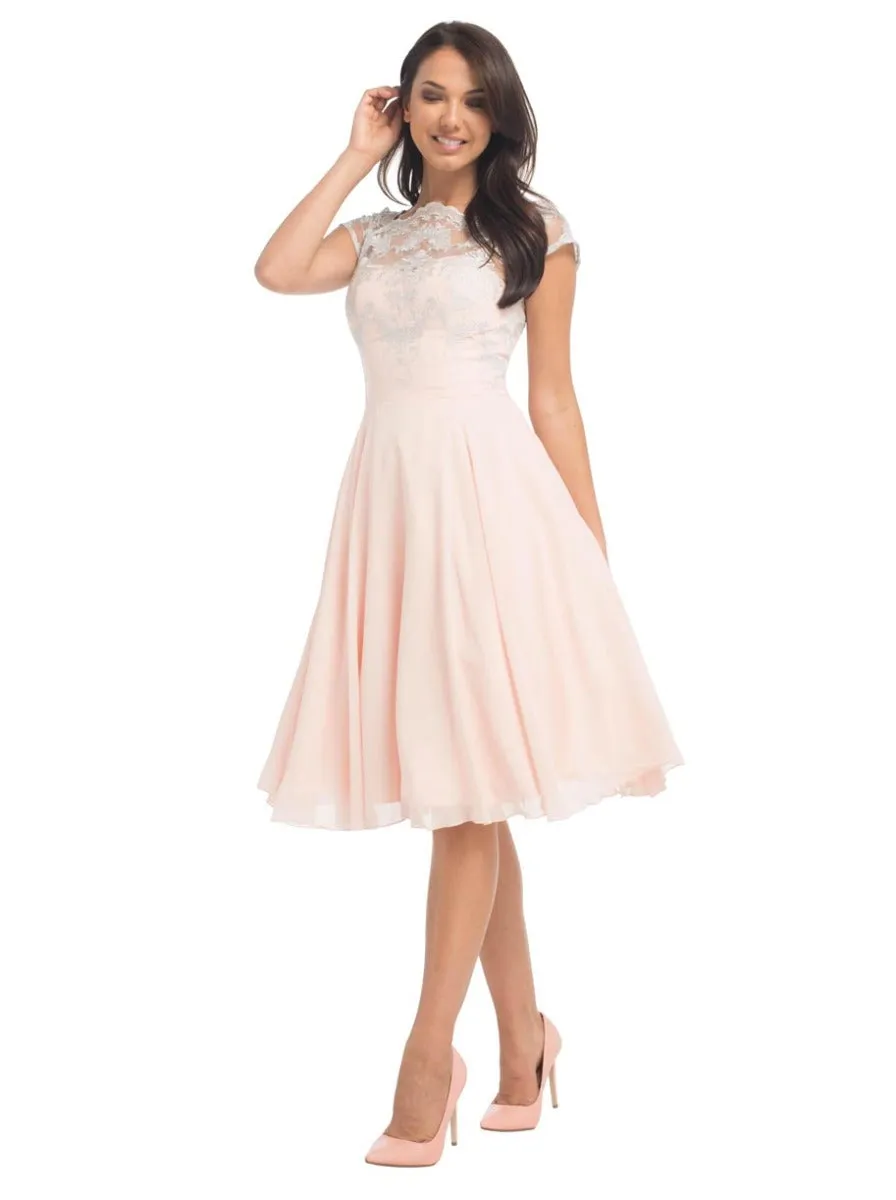 Cap Sleeve Embroidered Bodice Skater Dress in Pink sold by Chi Chi London