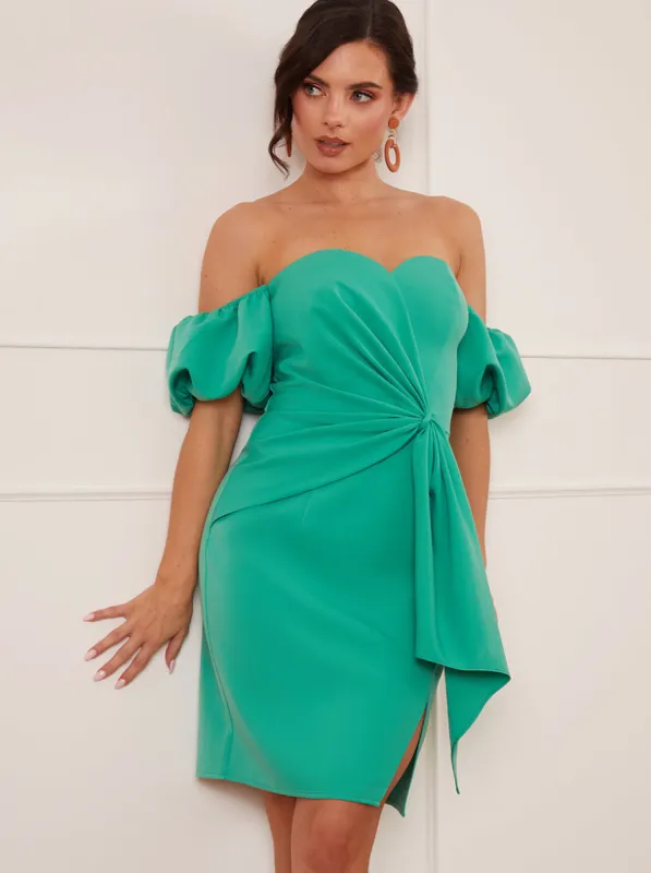 Petite Puff Sleeve Bardot Tie Detail Mini Dress in Green sold by Chi Chi London