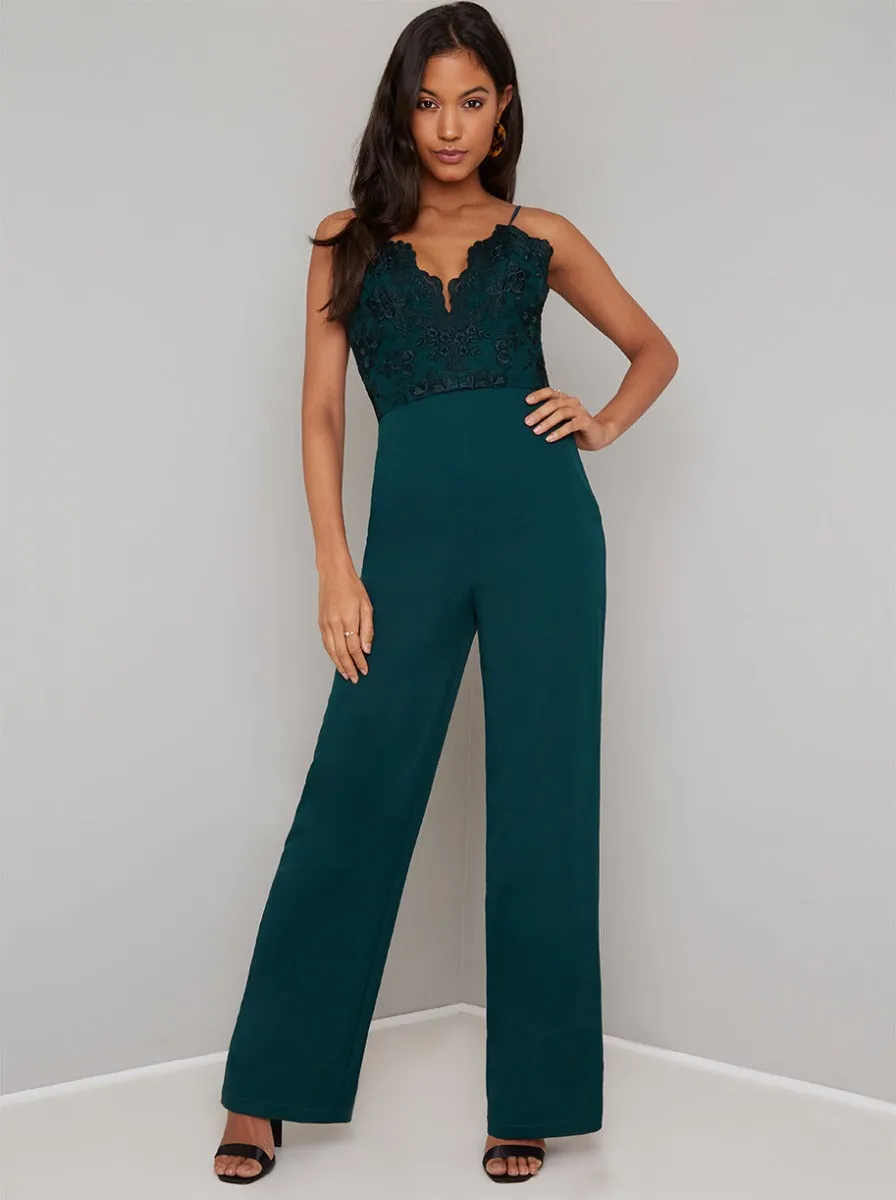 Cami Strap Lace Bodice Wide Leg Jumpsuit in Green sold by Chi Chi London
